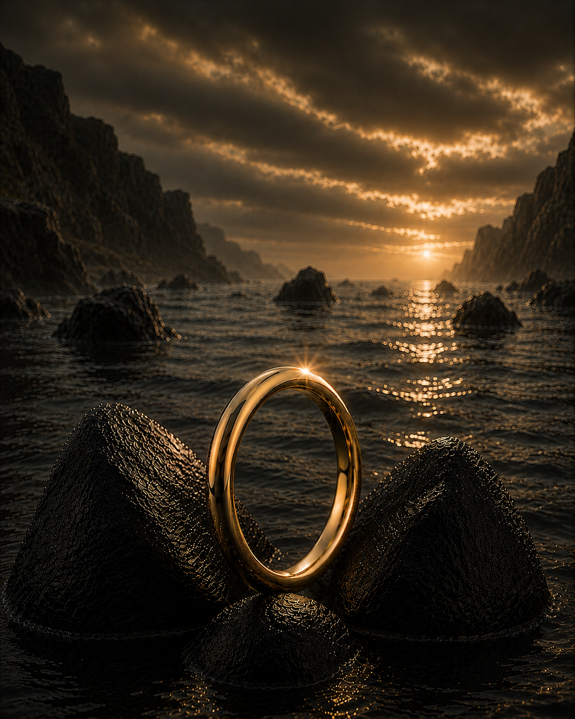 VOWCRAFT Arcus — gold arched ring on dark rocks with dramatic seascape and golden sunset