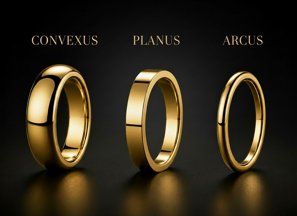 VOWCRAFT three ring forms — Convexus, Planus, and Arcus — with gold labels on dark background