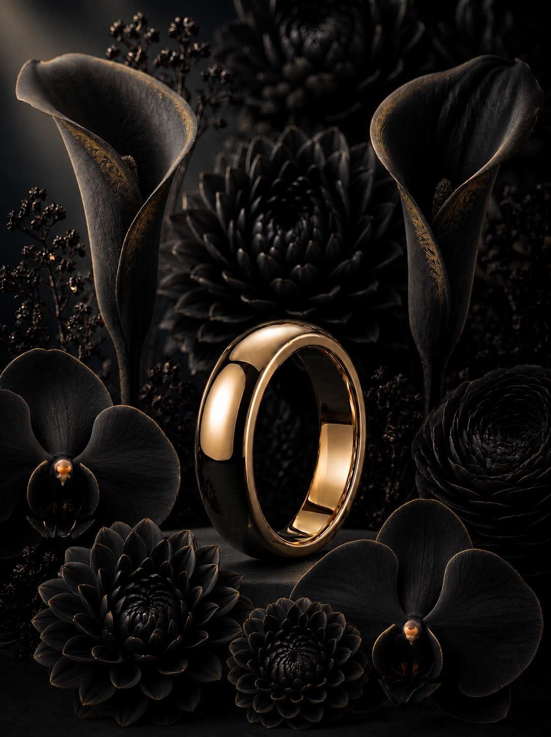 VOWCRAFT Convexus — domed gold ring surrounded by black botanical flowers