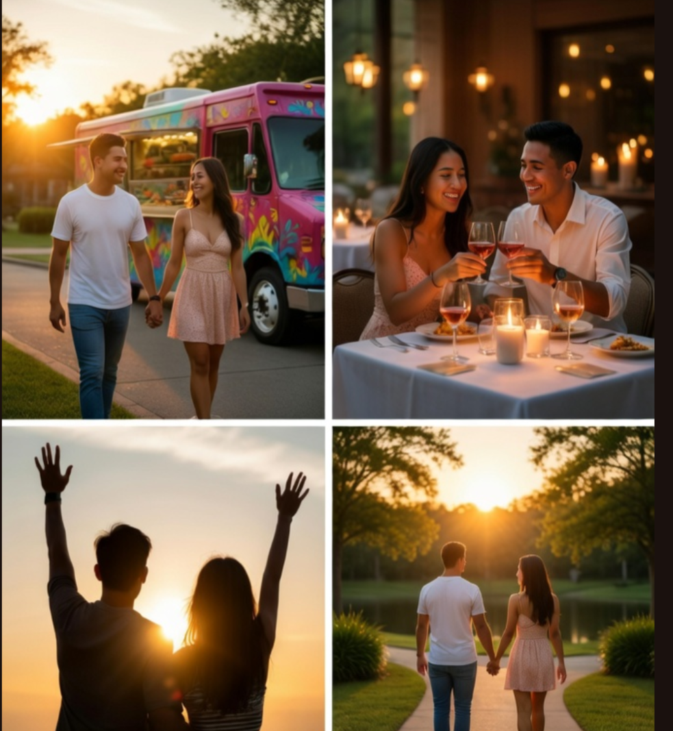 Date night collage — food truck at sunset, candlelit dinner, sunset silhouette, golden hour walk