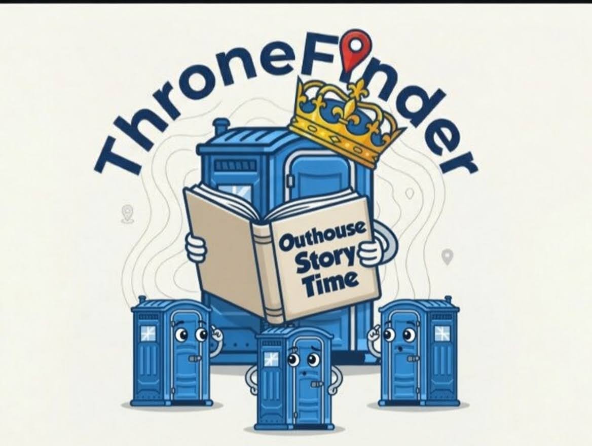 Outhouse Story Time mascot — porta-potty with crown reading a book