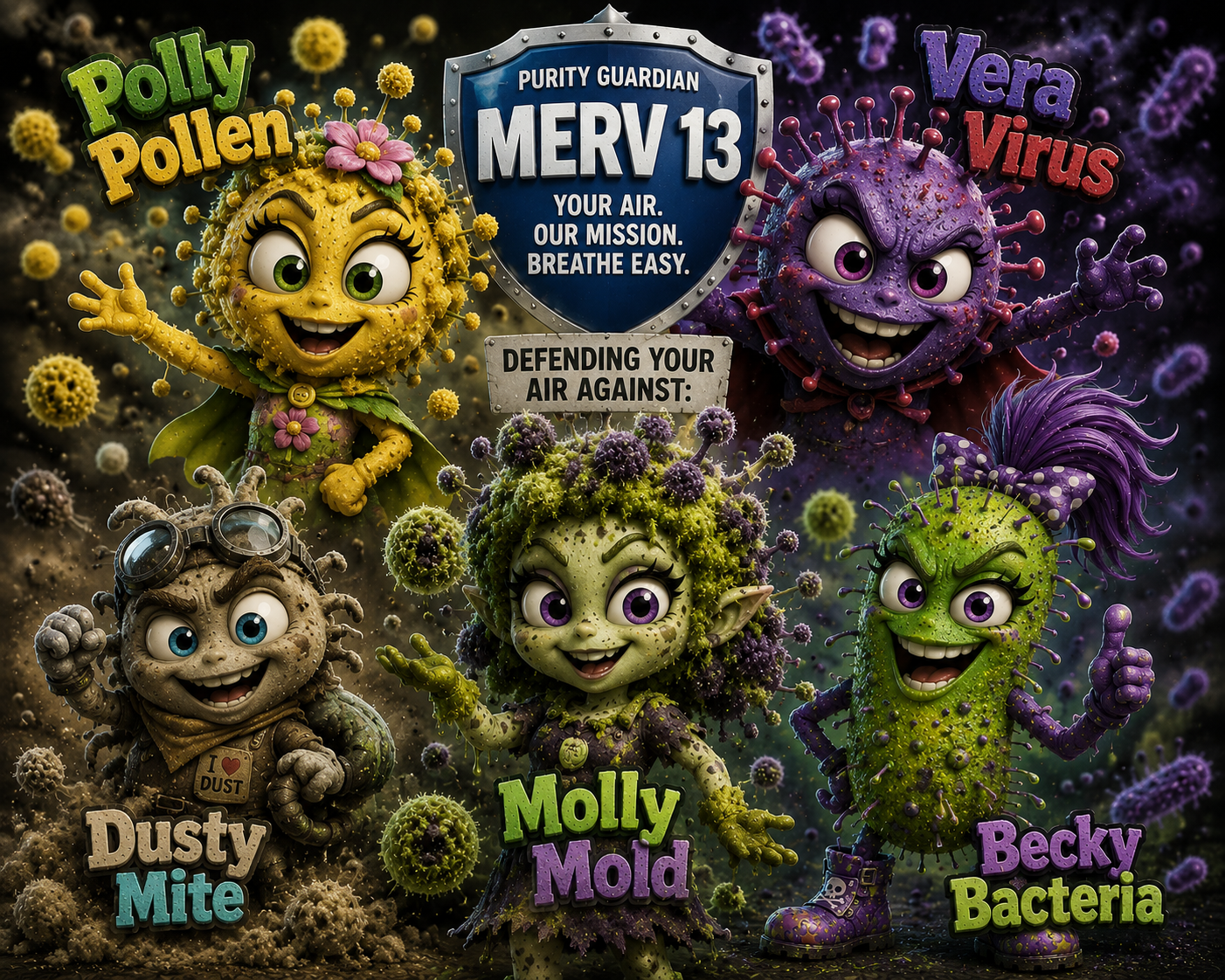 The Fab Five Villains — Molly Mold, Dusty Mite, Vera Virus, Polly Pollen, Becky Bacteria