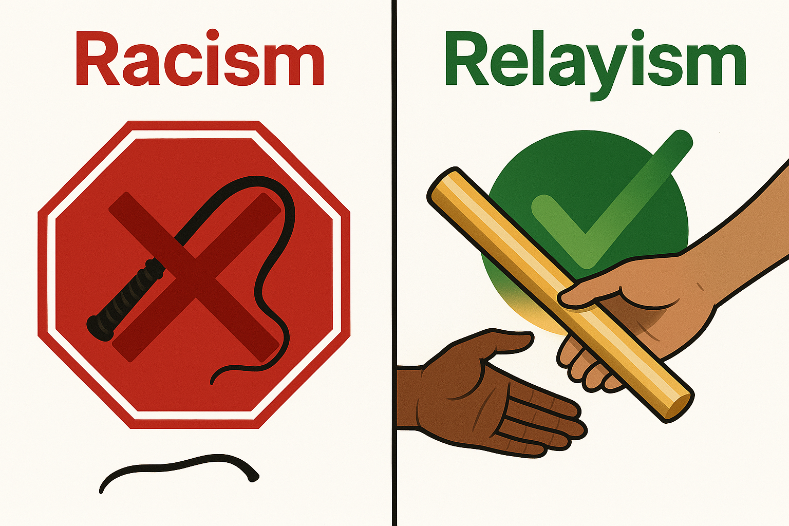 Split image showing Racism (whip in a stop sign) on the left and Relayism (two hands passing a baton) on the right