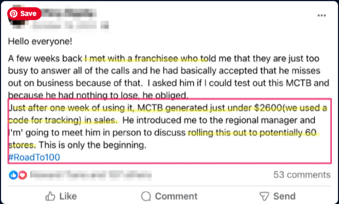 Facebook post screenshot from an MCTB franchisee showing automation results: just under $2600 in sales, plus booked calls and appointments, illustrating the same kind of Monday automation output covered in this guide