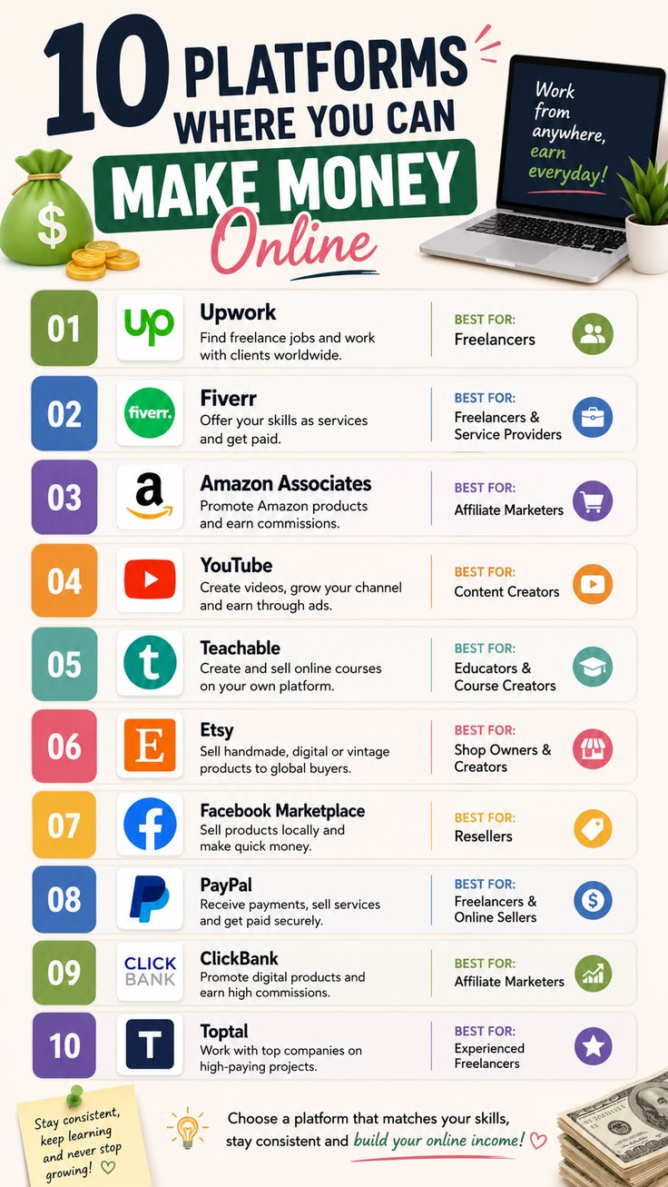 10 Platforms Where You Can Make Money Online — infographic showing Upwork, Fiverr, Amazon Associates, YouTube, Teachable, Etsy, Facebook Marketplace, PayPal, ClickBank, Toptal