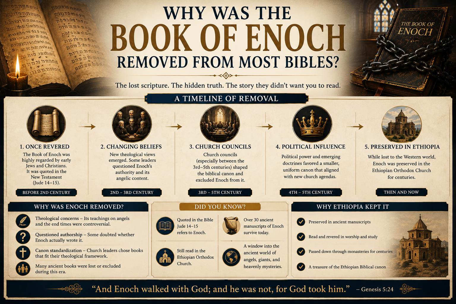 Why Was the Book of Enoch Removed from Most Bibles — timeline of removal: once revered, changing beliefs, church councils, political influence, preserved in Ethiopia