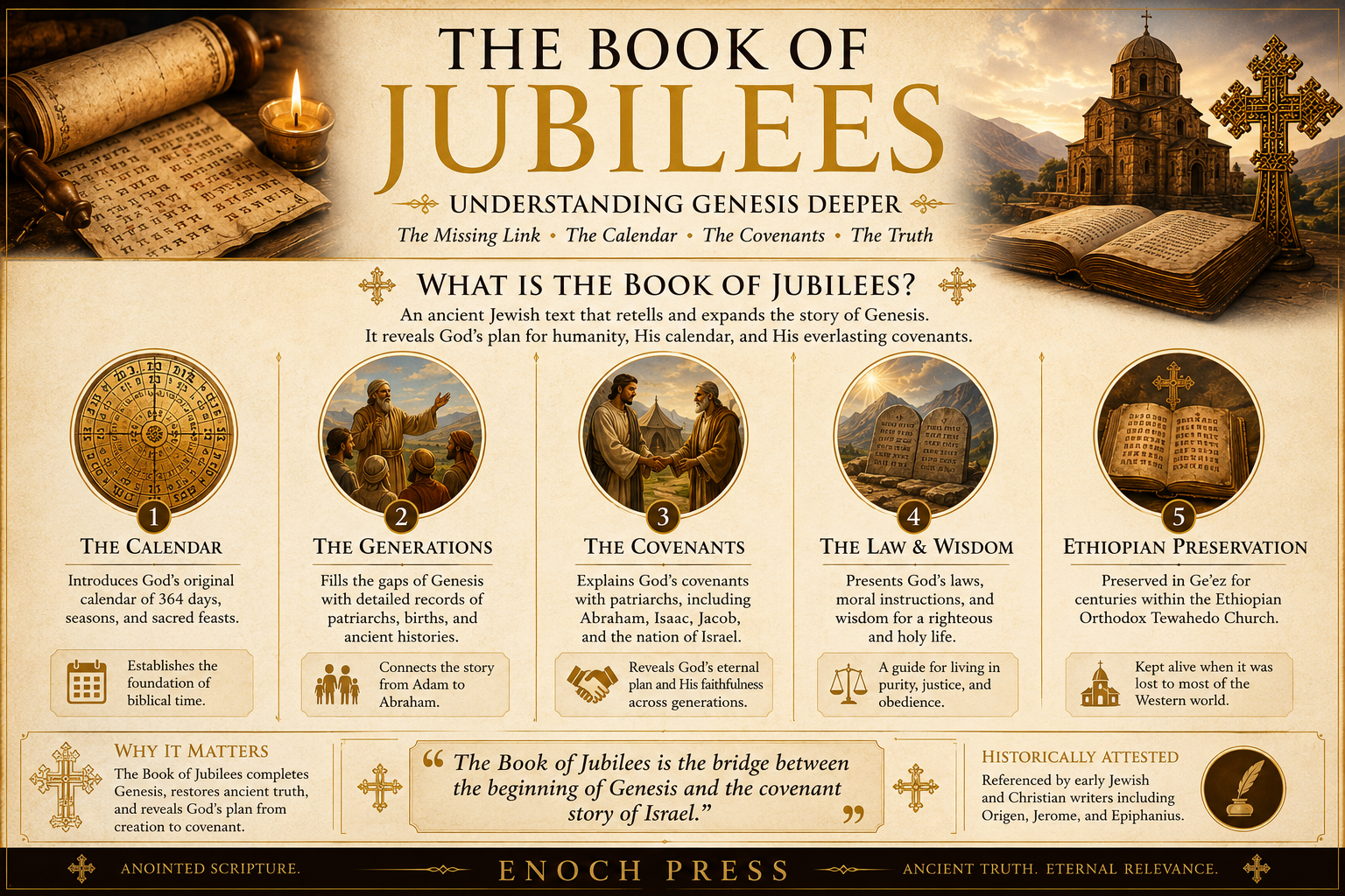 The Book of Jubilees — how it completes and deepens Genesis: calendar, generations, covenants, law and wisdom, Ethiopian preservation