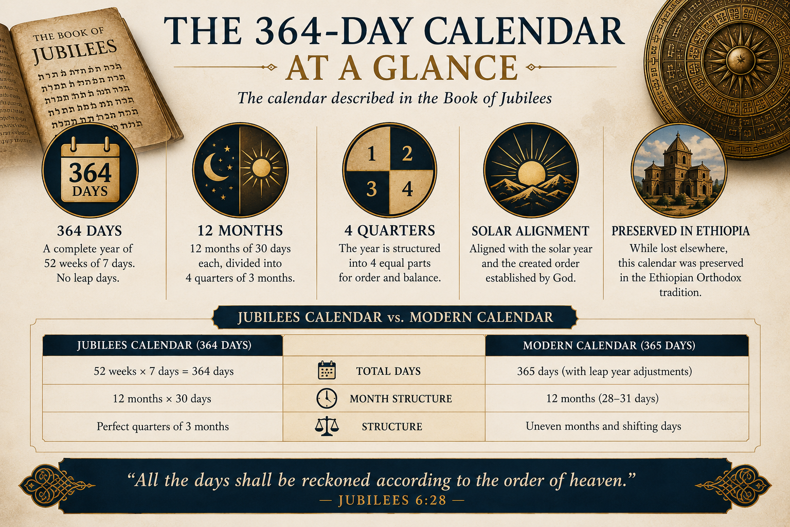 364-day calendar infographic: 52 weeks, 12 months of 30 days, 4 equal quarters