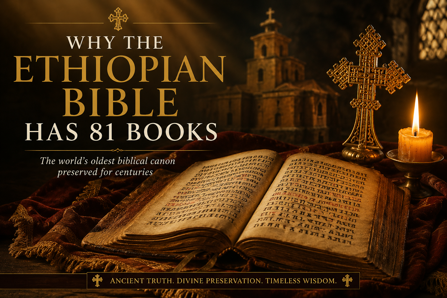 Why the Ethiopian Bible Has 81 Books — ancient manuscript with Ethiopian cross