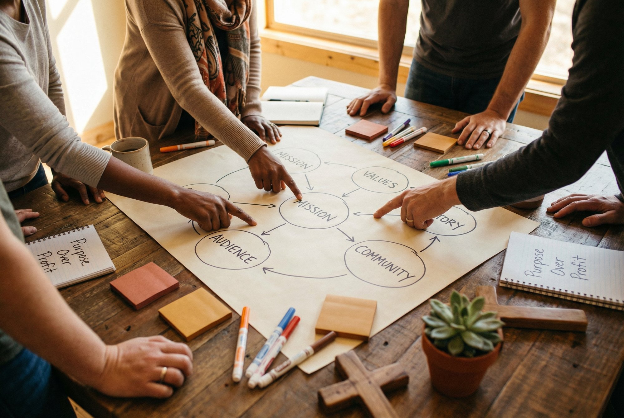 Team mapping Mission, Values, Audience, Community, and Story on a whiteboard — the Imprint Framework in action