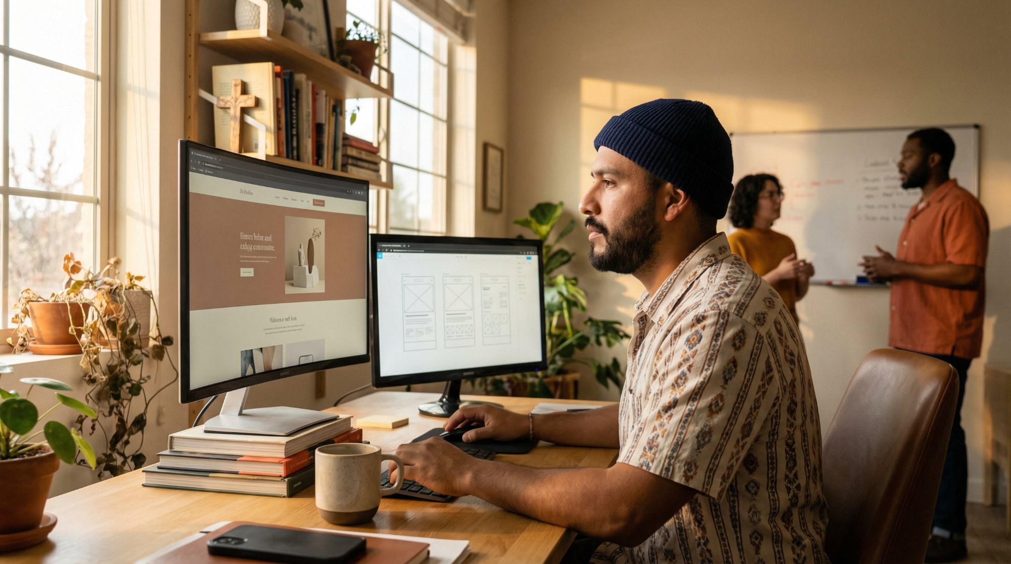 Web designer at dual monitors reviewing website wireframes — custom website design and development