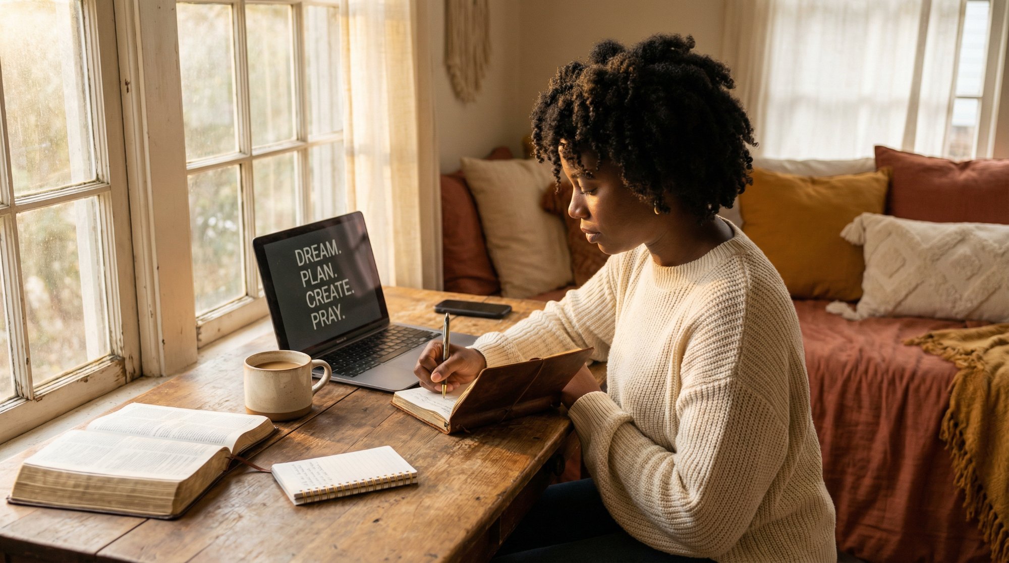 Woman writing with Bible open, Dream Plan Create Pray laptop — content strategy and messaging