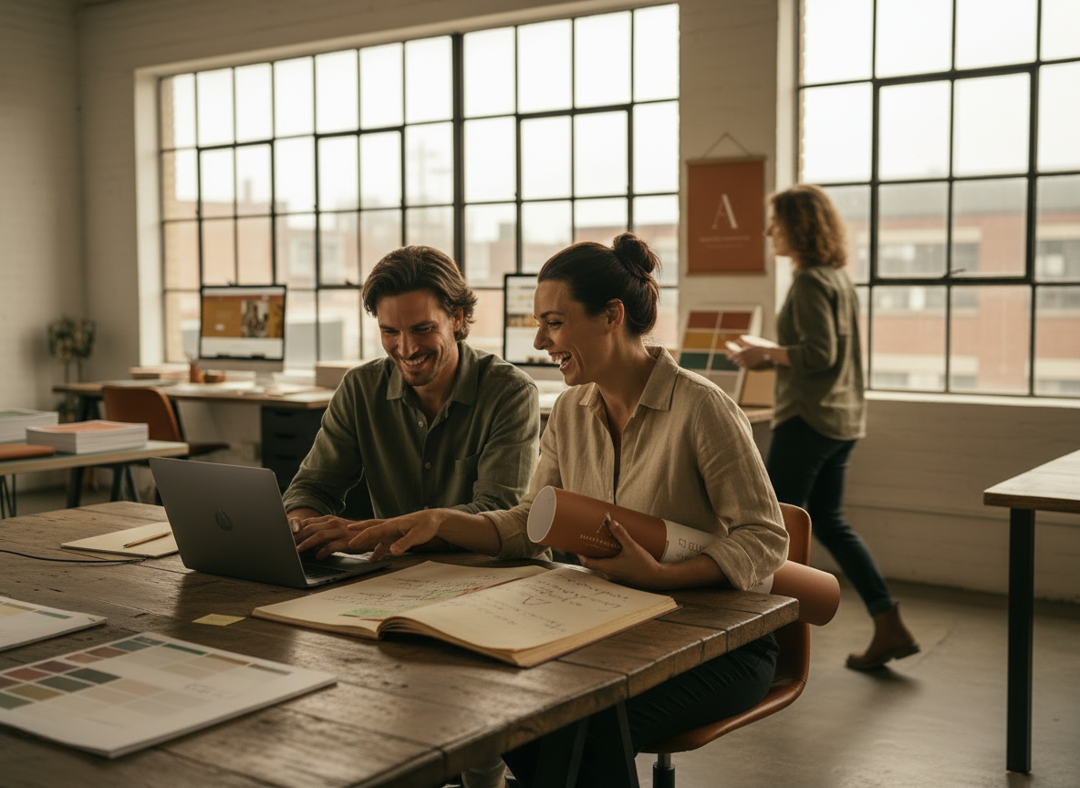 Collaborative work session with laptop and design materials