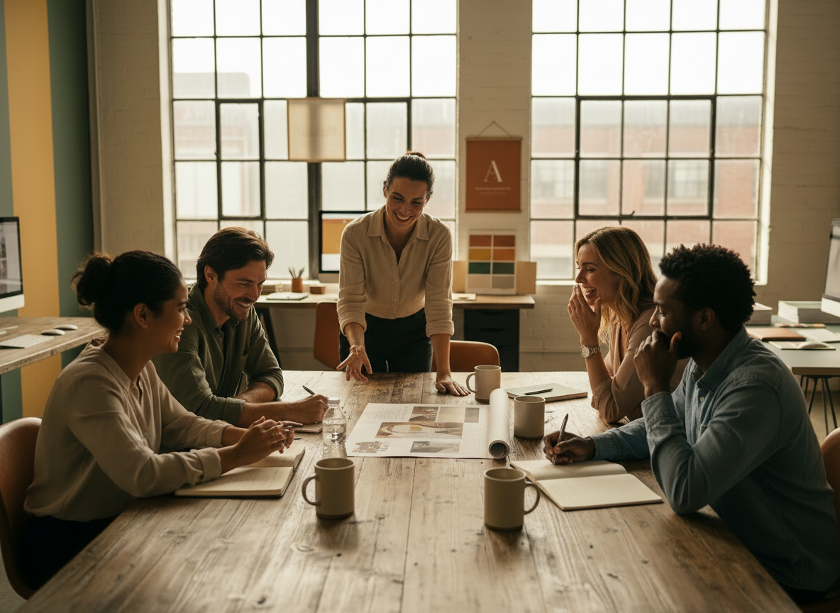 Creative team collaboration during brand strategy meeting