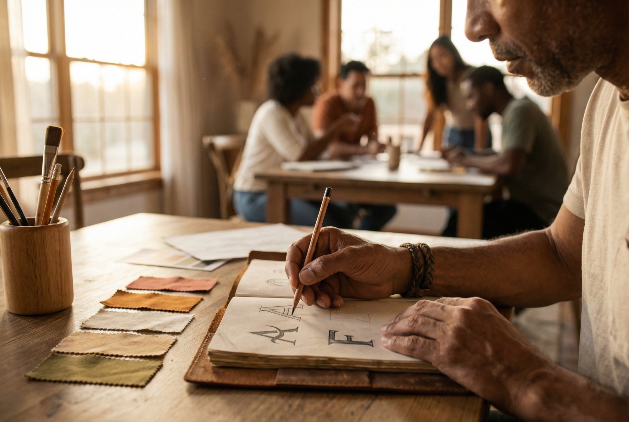 Designer sketching letterforms with fabric swatches — logo and identity design process