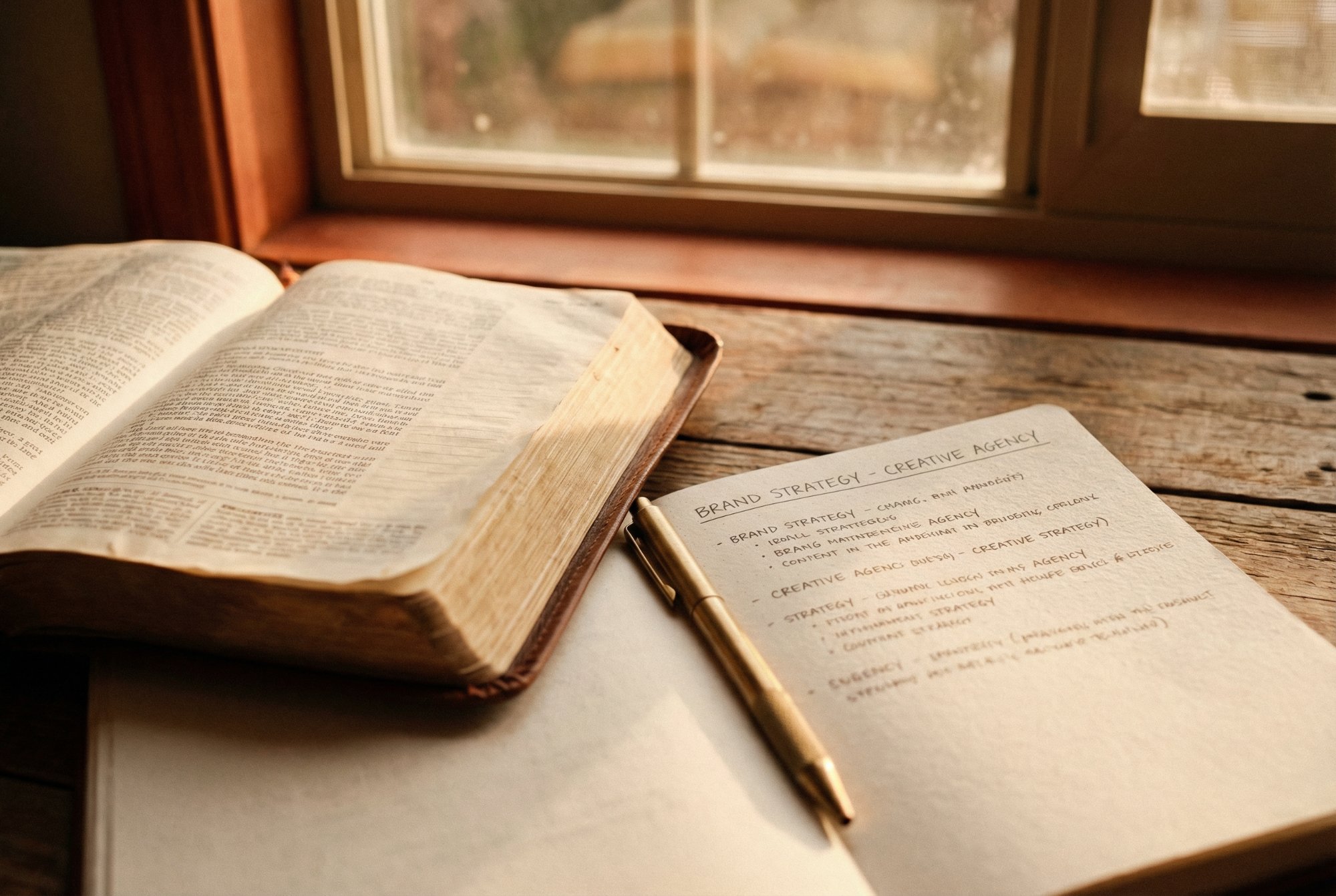 Bible open beside a Brand Strategy Creative Agency notebook — scripture-grounded brand strategy