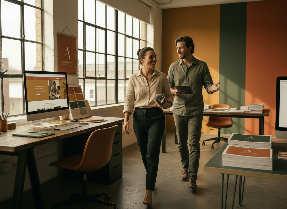 Creative professionals collaborating in a warm studio environment