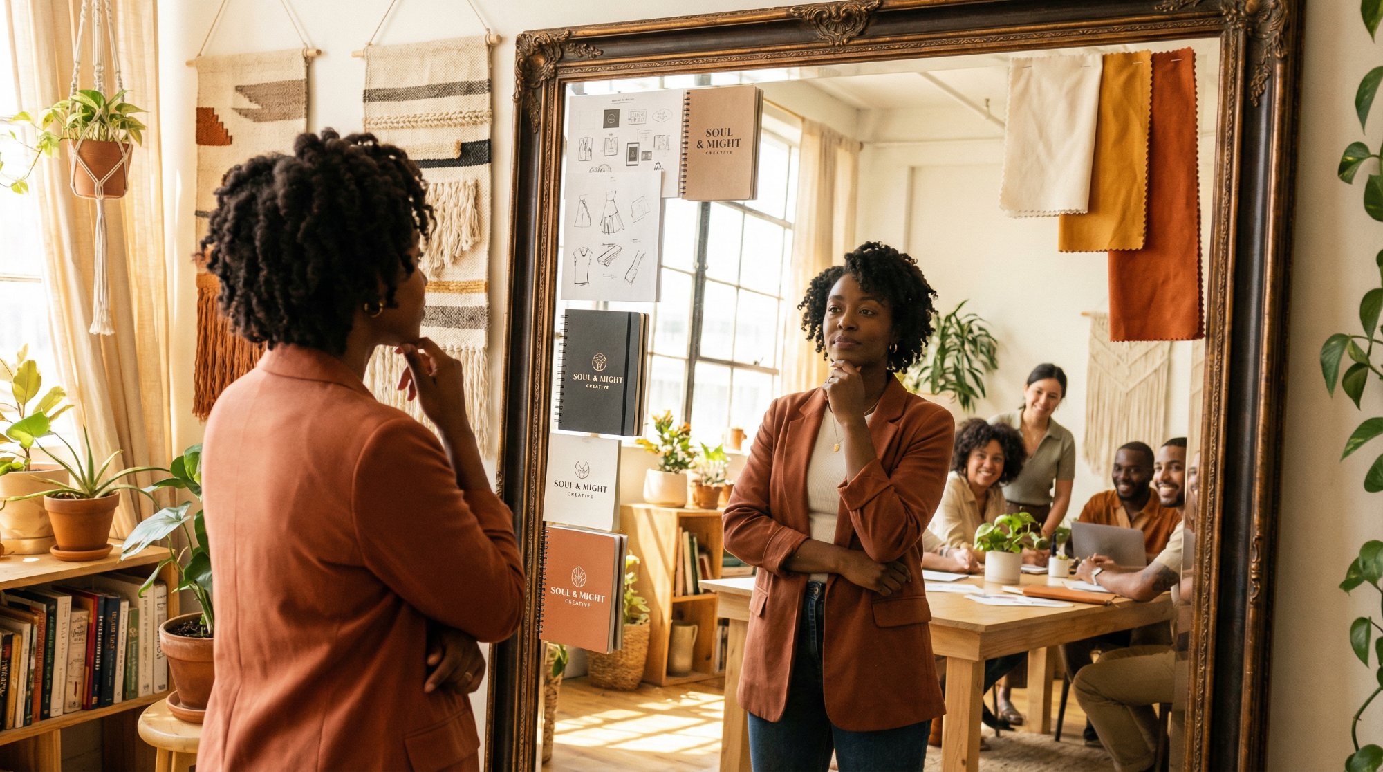 Woman looking in a mirror with Soul & Might Creative branding — brand discipleship and identity alignment