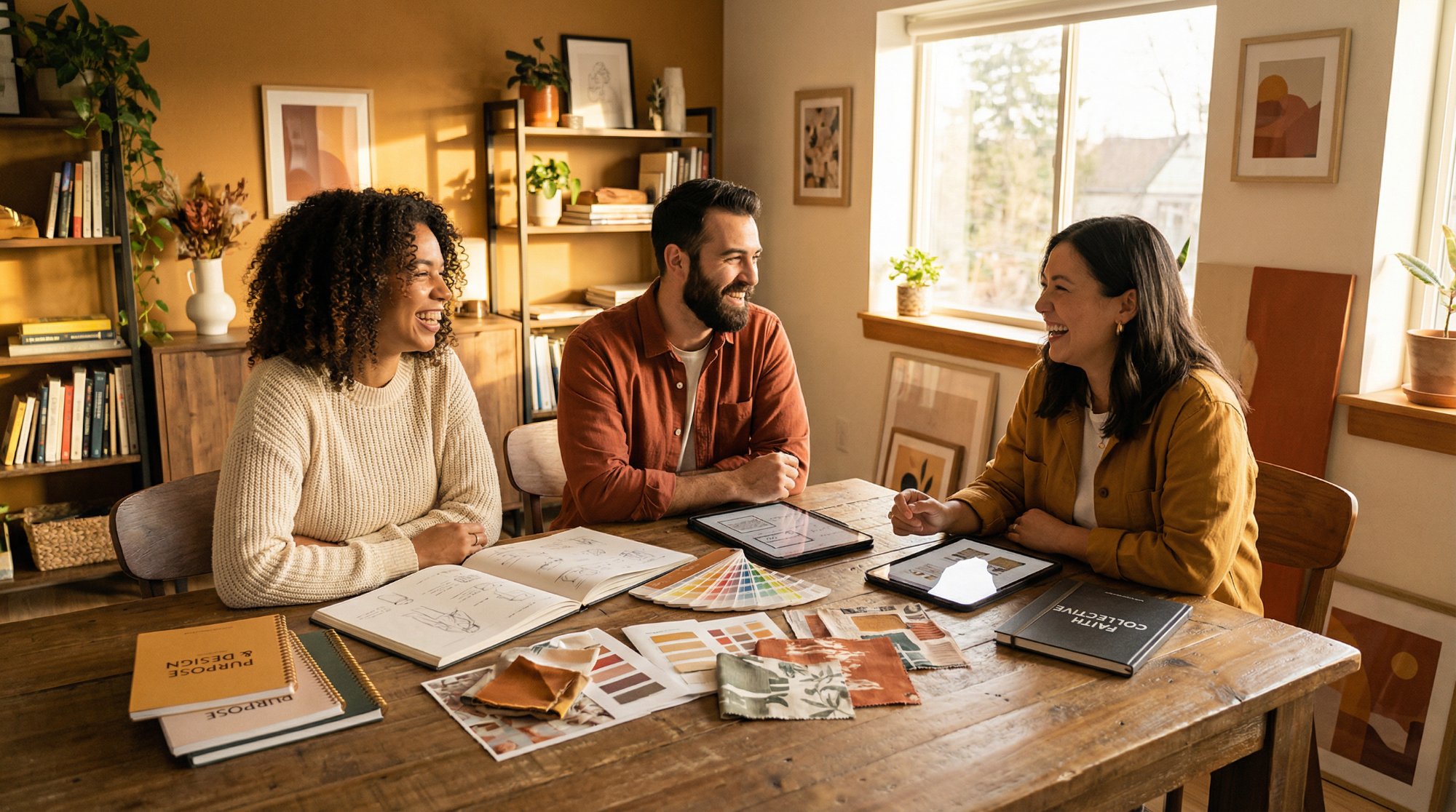 Three people laughing together at a table with design materials — collaborative brand building session
