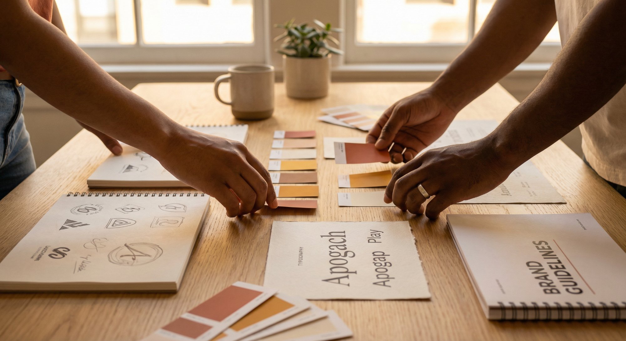 Hands arranging color swatches and brand guidelines — visual identity development