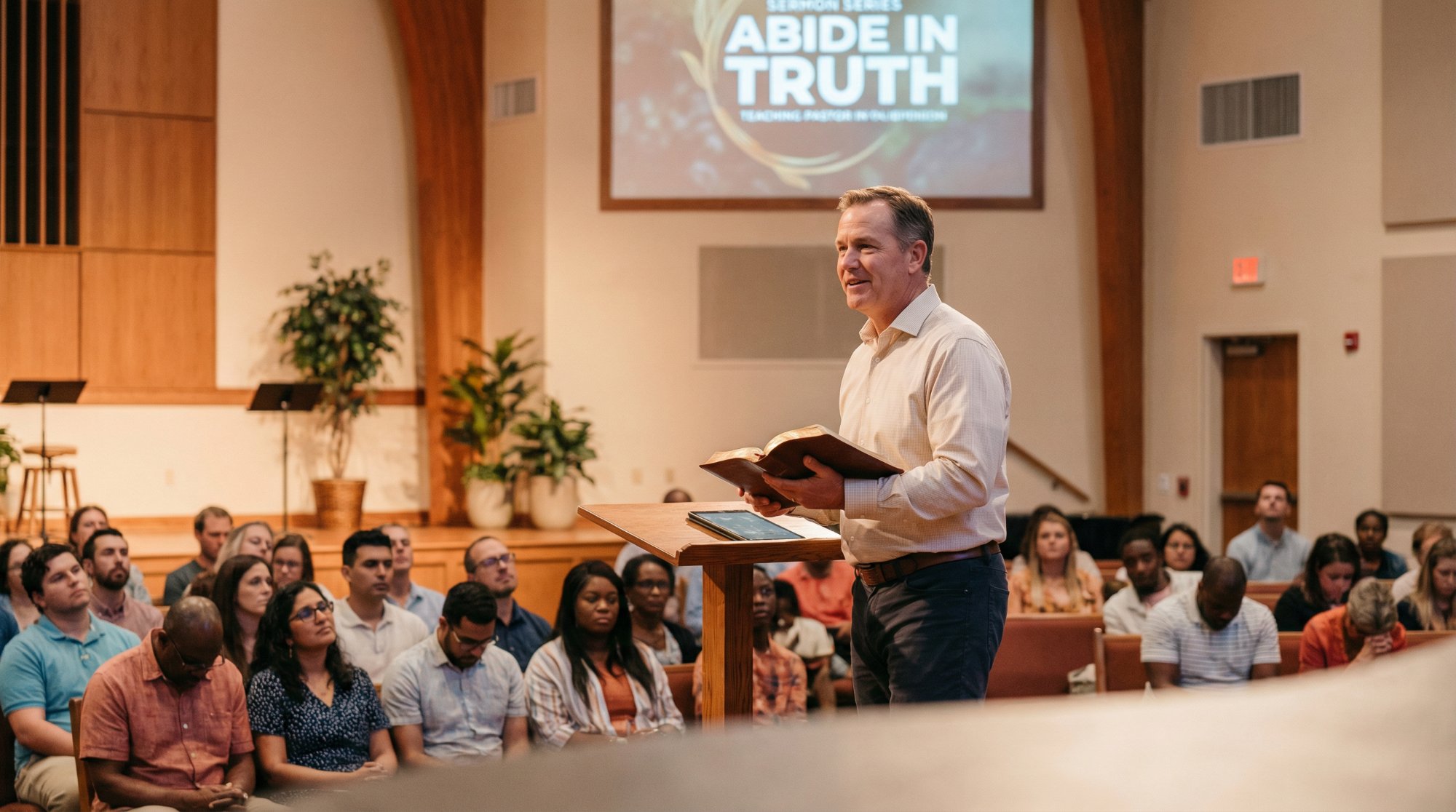 Pastor teaching Abide in Truth series to congregation — sermon series devotional