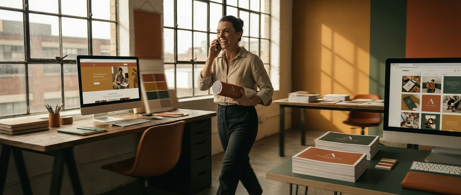 Confident entrepreneur in creative studio workspace