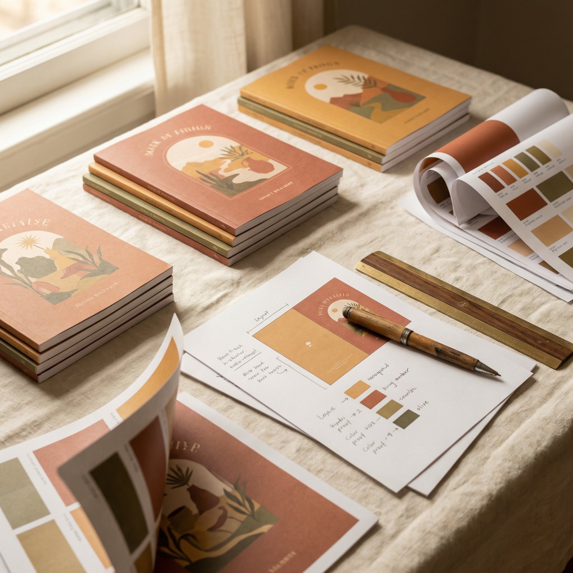 Woman reviewing brand strategy documents and Bible at table — thoughtful pre-build assessment