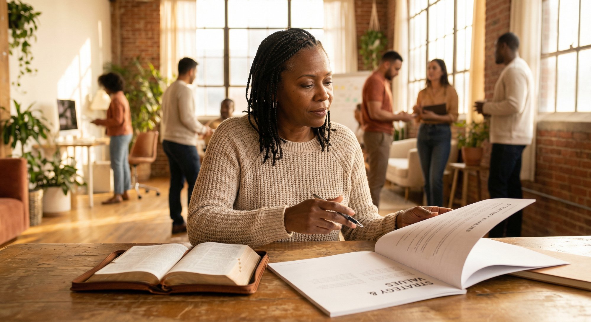 Woman at table with open Bible and Strategy and Values documents — stewarding your brand calling