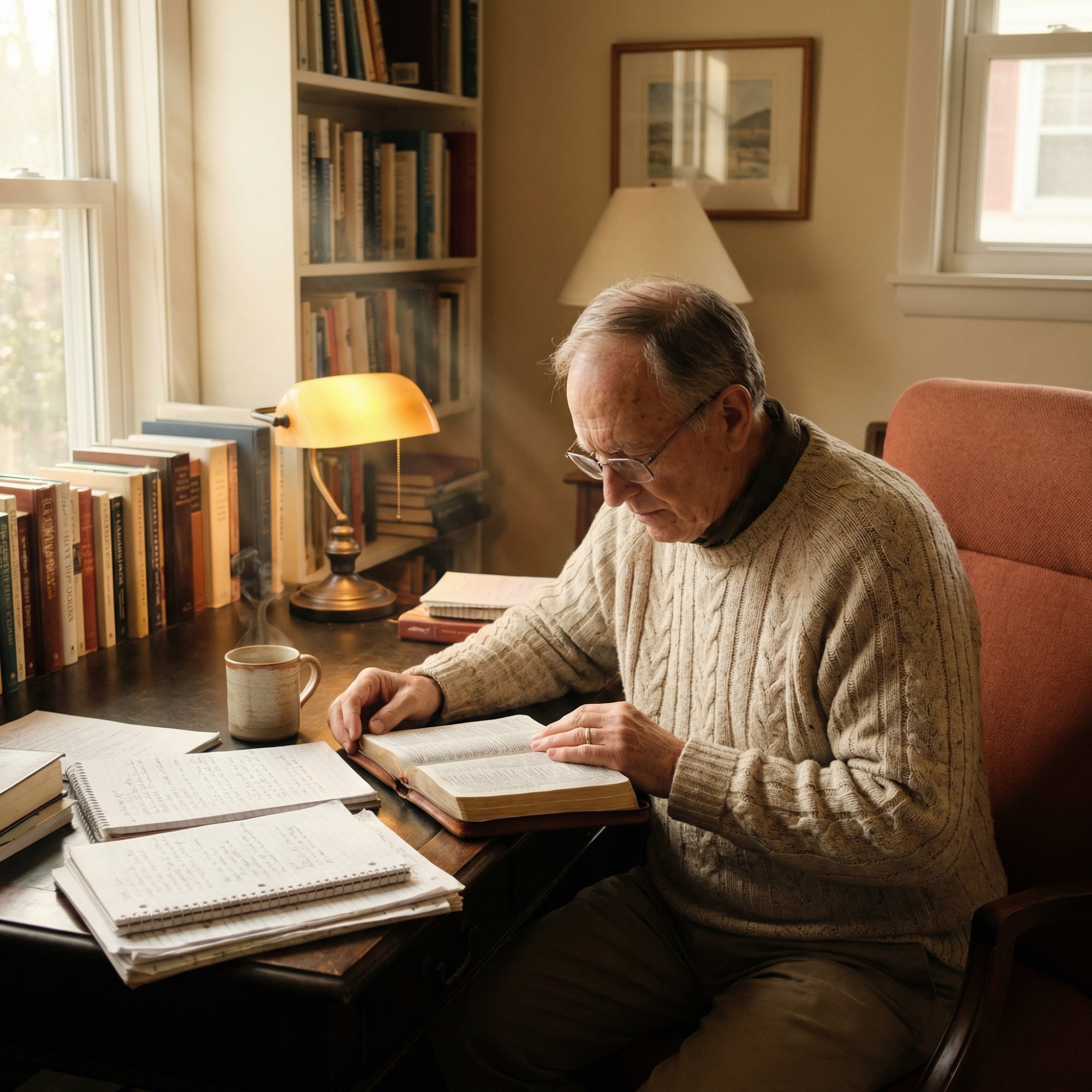 Older man studying Bible at desk with notes — personal devotional practice