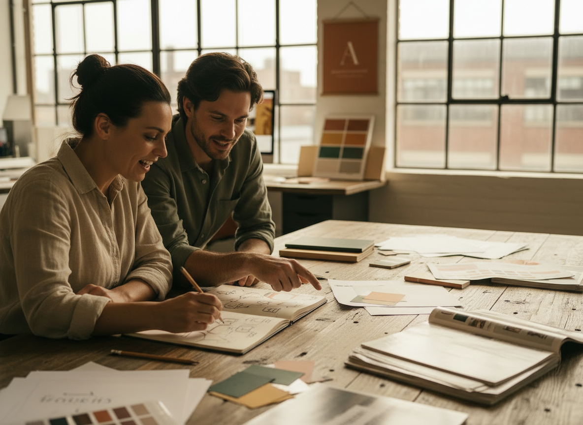 Creative collaboration with sketches and color swatches on wooden table