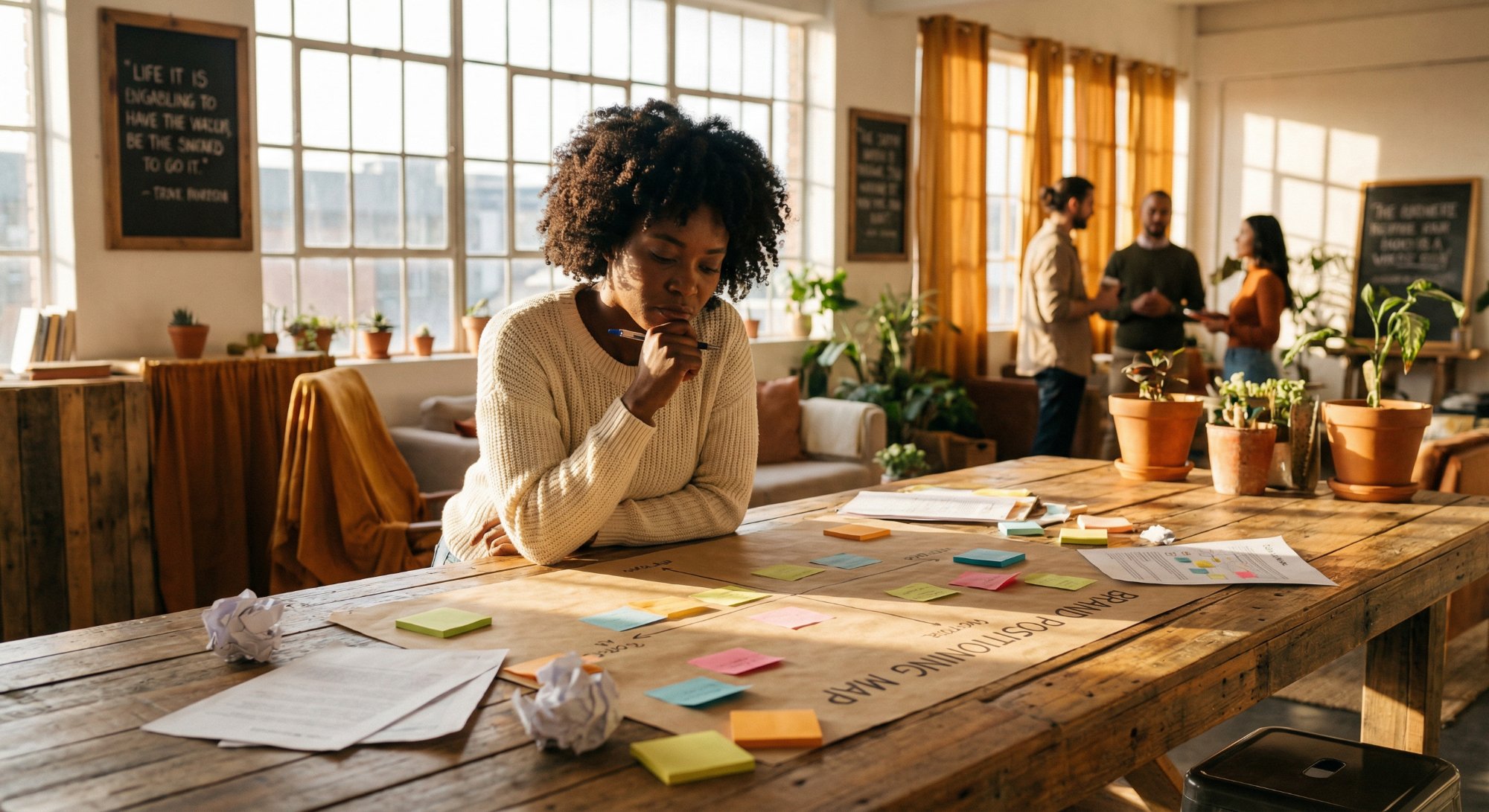 Brand strategist mapping positioning with sticky notes and brand strategy framework