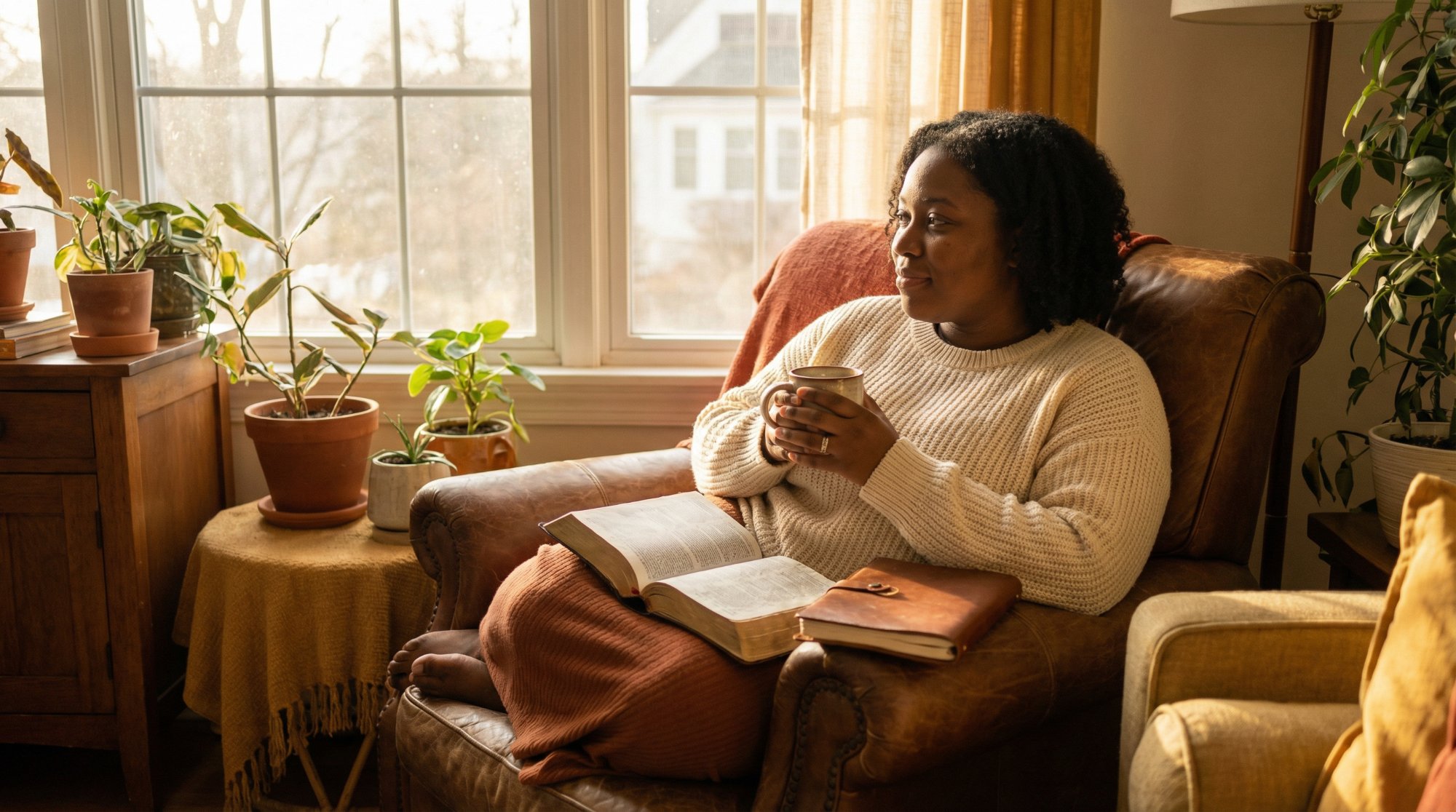 Woman in armchair reading Bible with coffee, warm morning light — personal scripture engagement