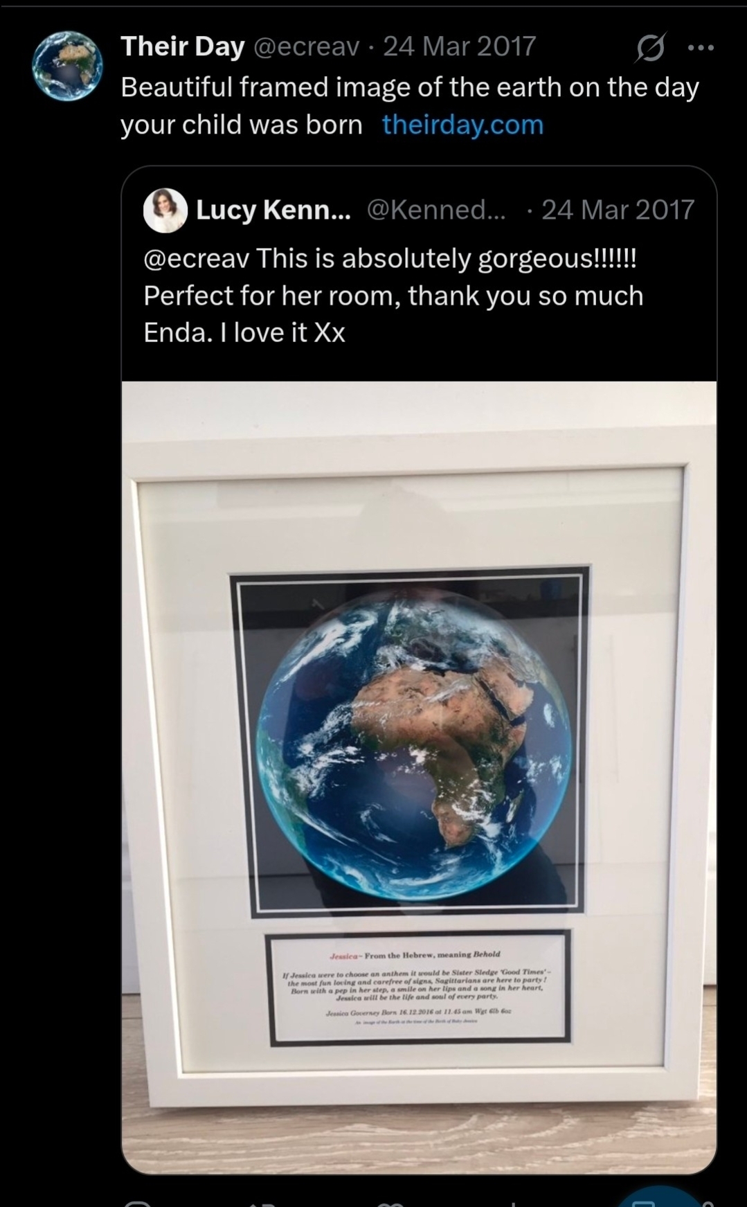 EarthMoment framed print — personalised satellite imagery keepsake