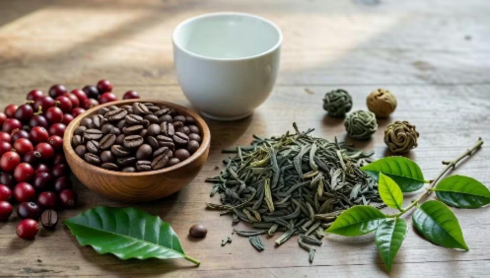 Fresh coffee beans and loose leaf tea with ceramic cup