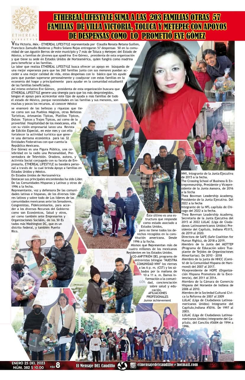 El Mensaje del Caudillo — Newspaper Coverage: Ethereal Lifestyle helping 260 families in Mexico