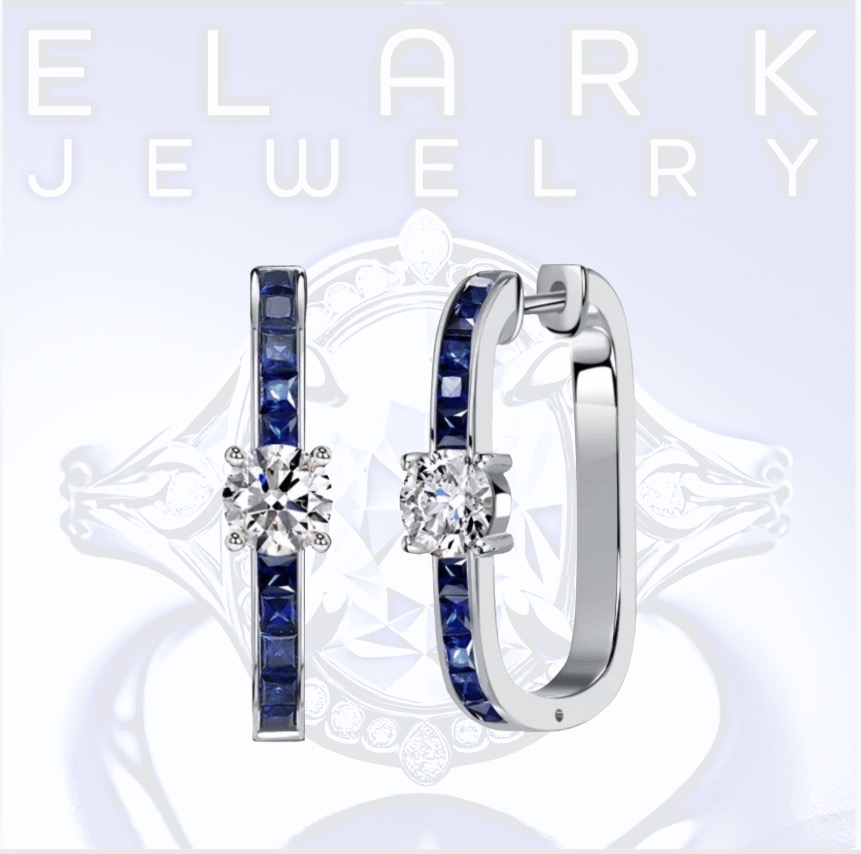 Sterling Silver Rhodium Plated Sapphire  Princess cut Square Style Hoops
