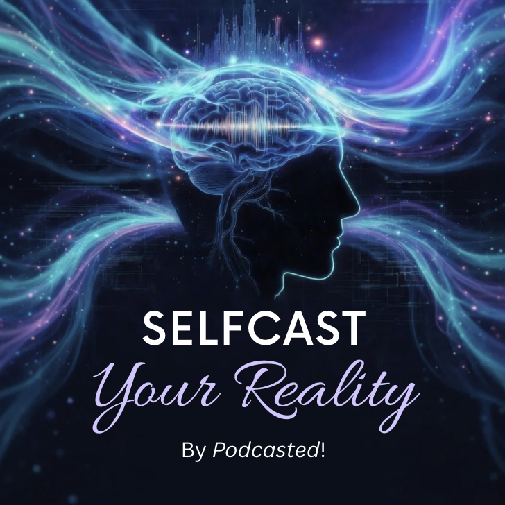 Selfcast — brain silhouette with purple and teal energy waves