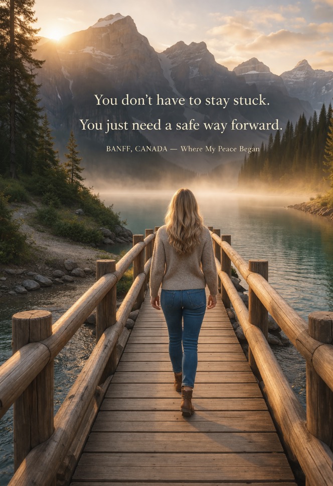 A bridge pathway leading toward misty mountains at sunrise, with an inspirational quote