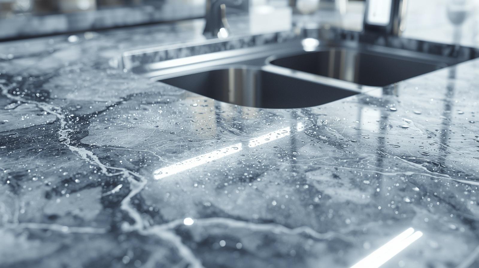 Blue-grey marble freshly cleaned with water droplets