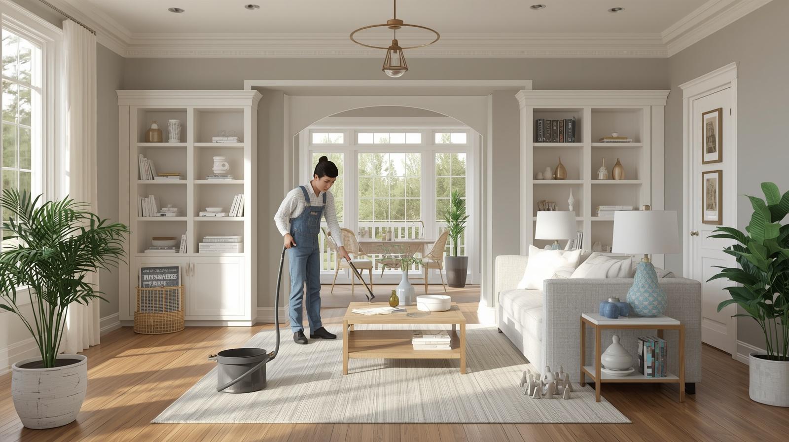 Professional cleaner vacuuming a bright, airy living room