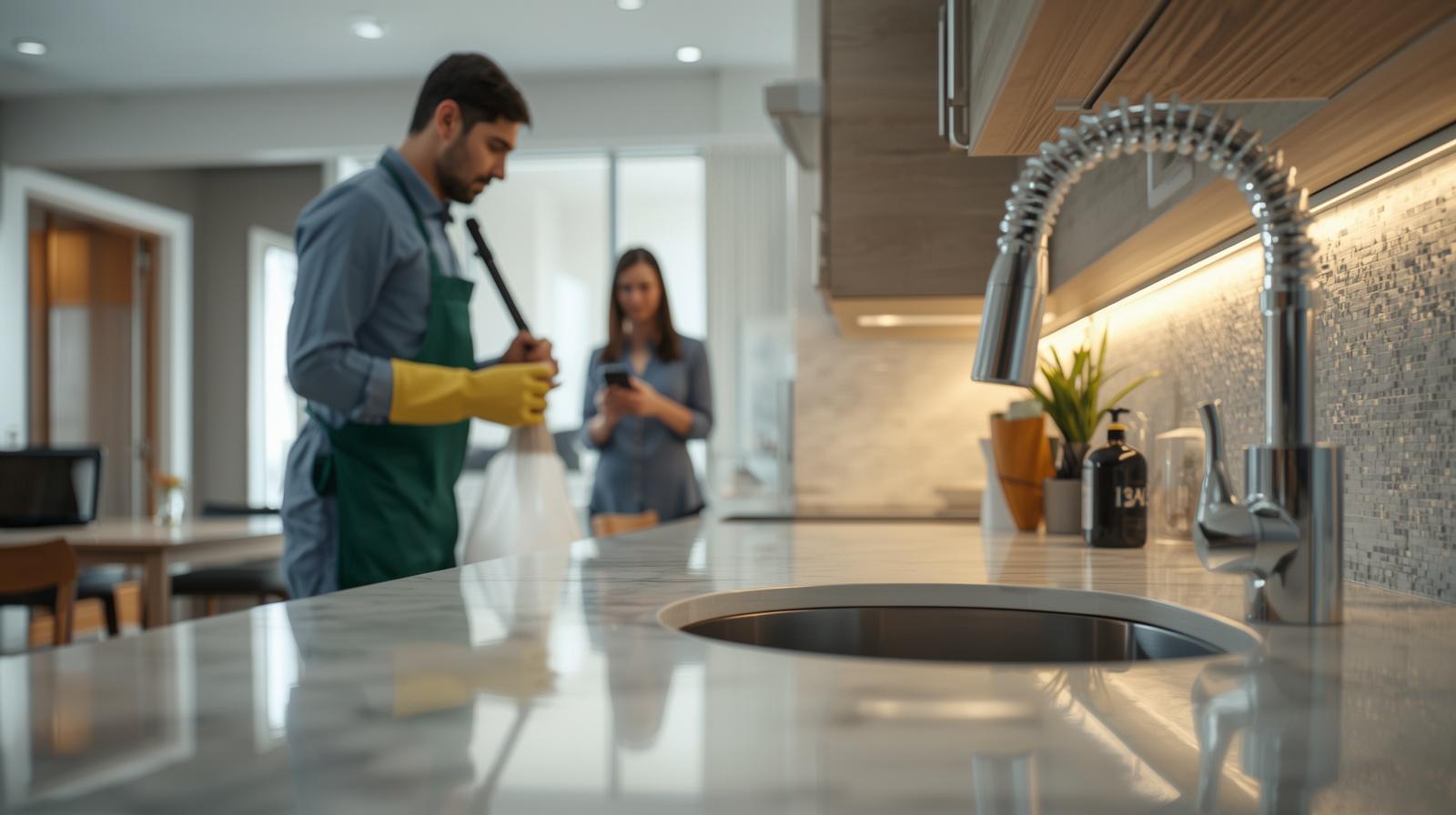 Cleaner and property owner reviewing work in modern kitchen