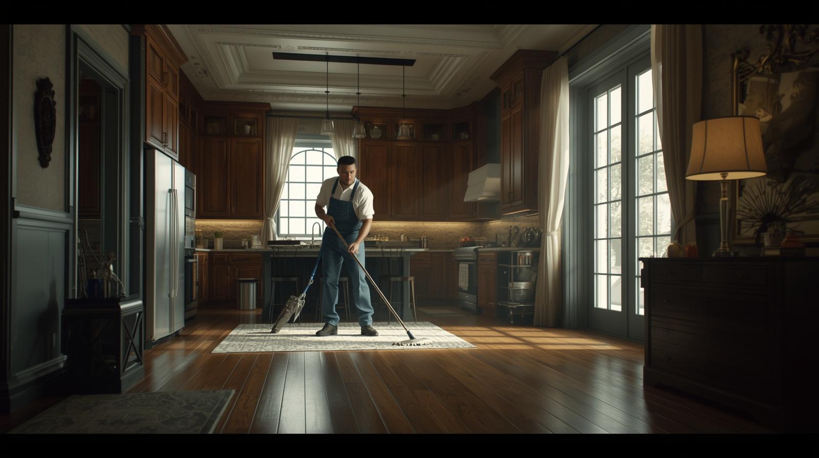 Cleaner mopping upscale kitchen with dark wood