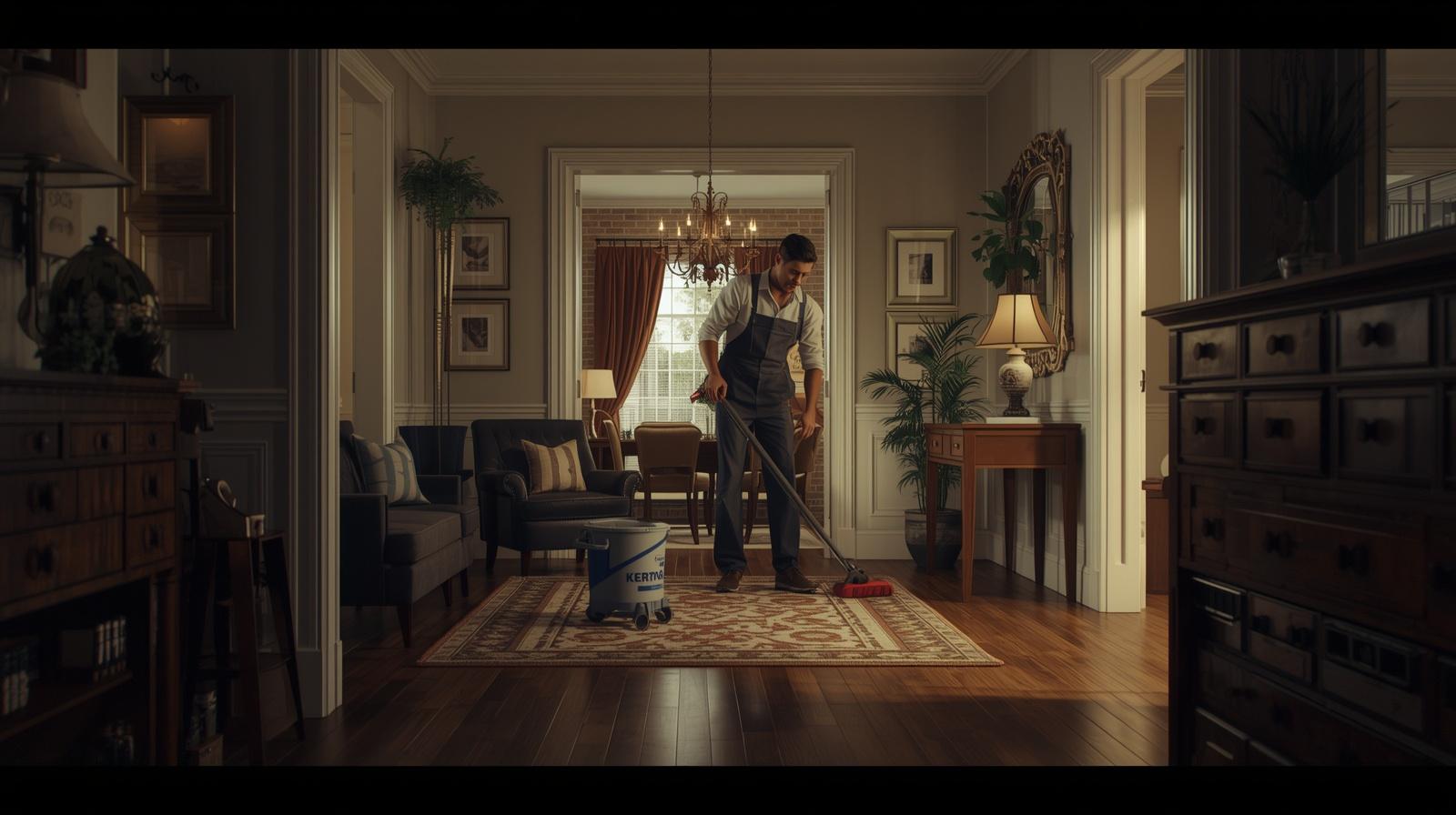 Cleaner mopping hardwood floors in elegant living room