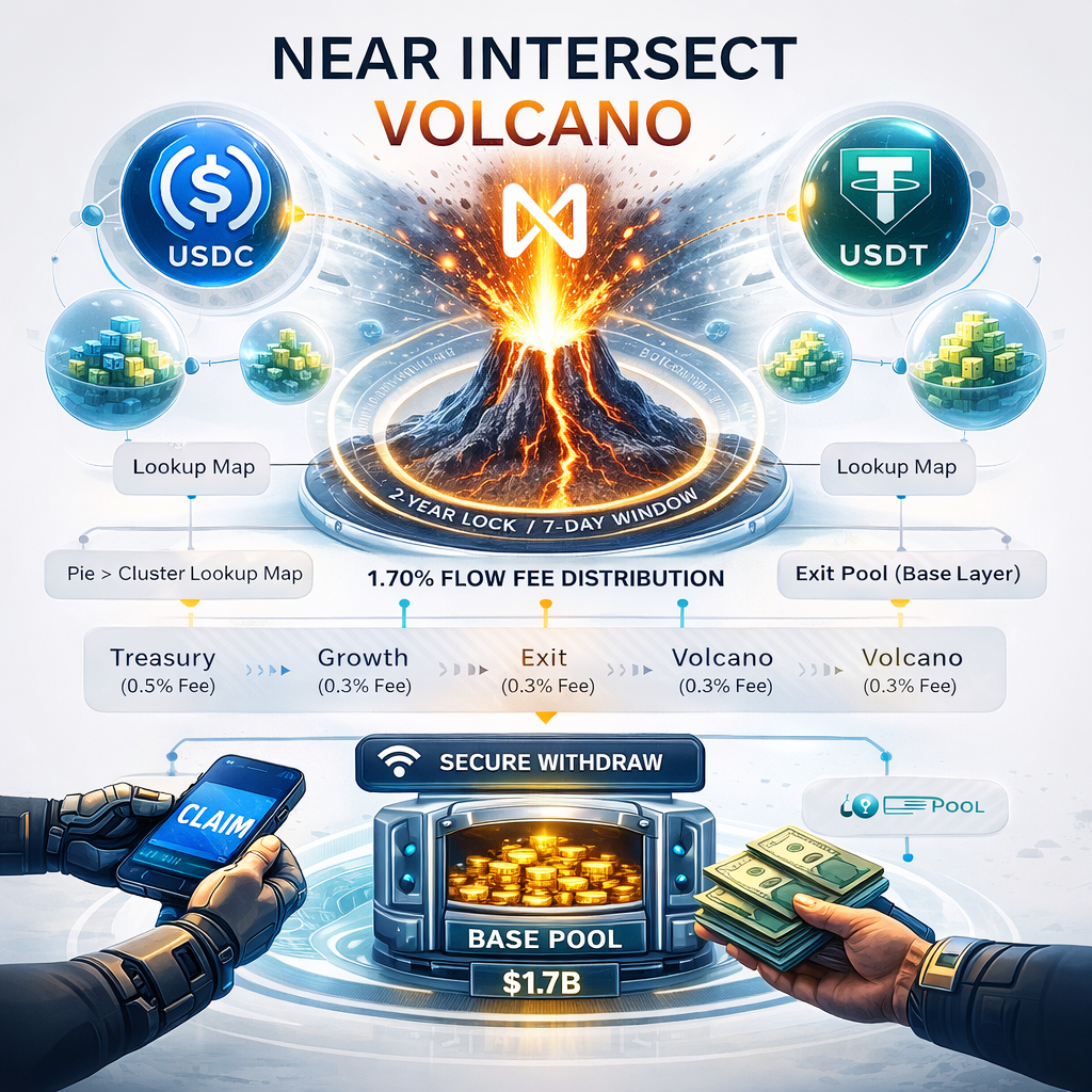 Near Intersect Volcano Protocol Diagram — USDC/USDT inputs, NEAR Protocol, 1.70% flow fee distribution: Treasury 0.5%, Growth 0.3%, Exit 0.3%, Volcano Pressure 0.3%, Creator 0.3%