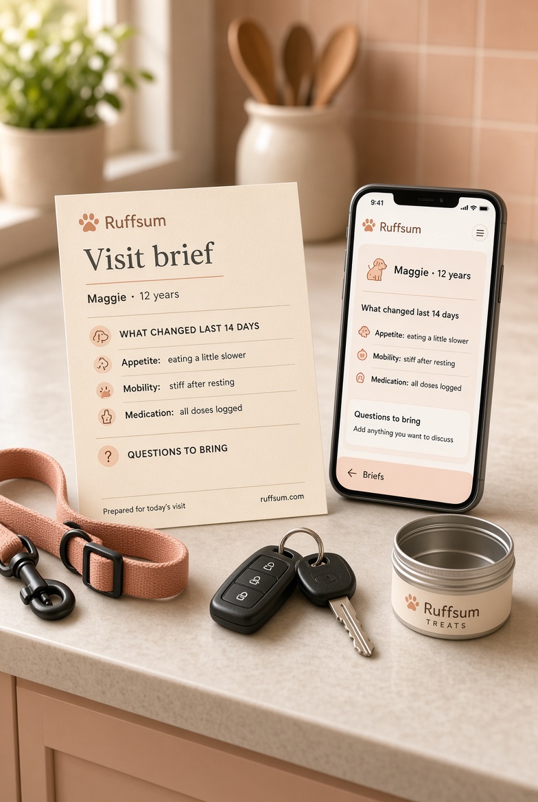 Ruffsum phone app and printed senior-dog visit brief on a warm kitchen counter
