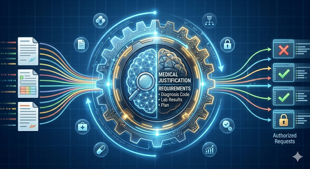 AI engine: clinical documents flow through medical justification processing to authorized requests