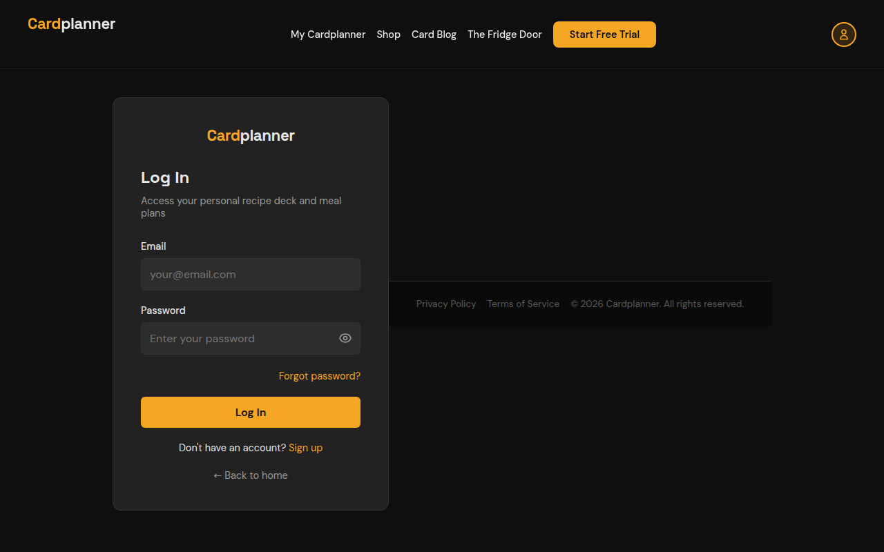 Cardplanner shop page — card deck layout and weekly planner grid