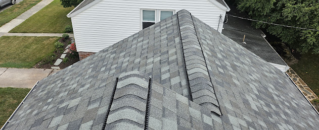 Finished shingles ridge cap detail from rooftop — clean ridge vent with neighborhood view in background