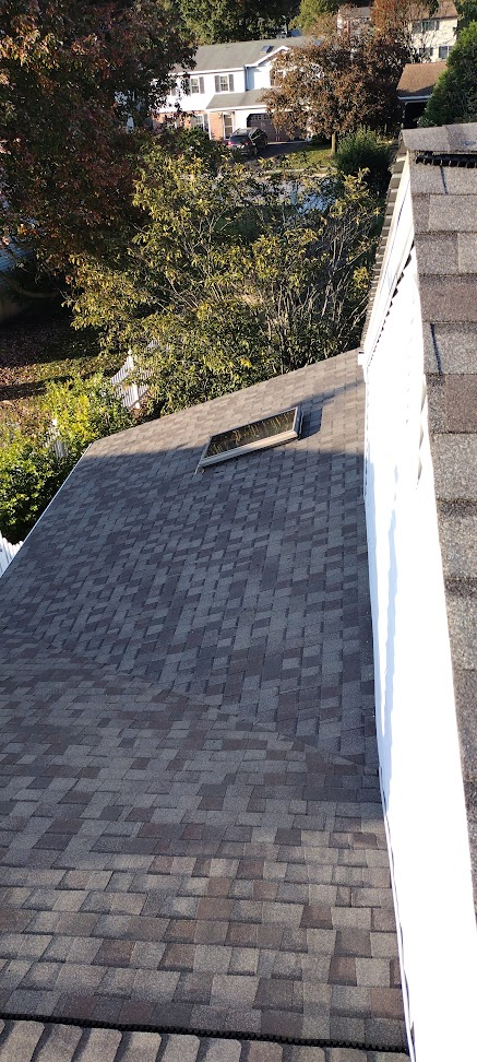 Completed shingle roof with skylight integration — architectural shingles properly flashed around skylight