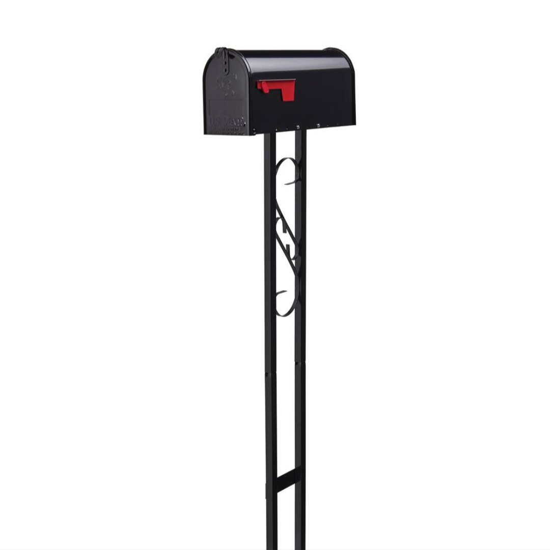 Decorative Scroll Post mailbox — all-steel black with ornamental scroll